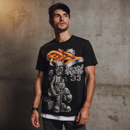Agent33 Streetwear Tee — Urban Graffiti Gas Mask Character Shirt