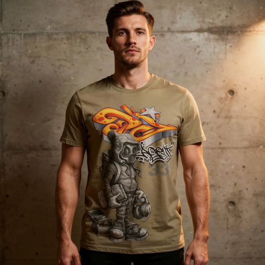 Agent33 Streetwear Tee — Urban Graffiti Gas Mask Character Shirt