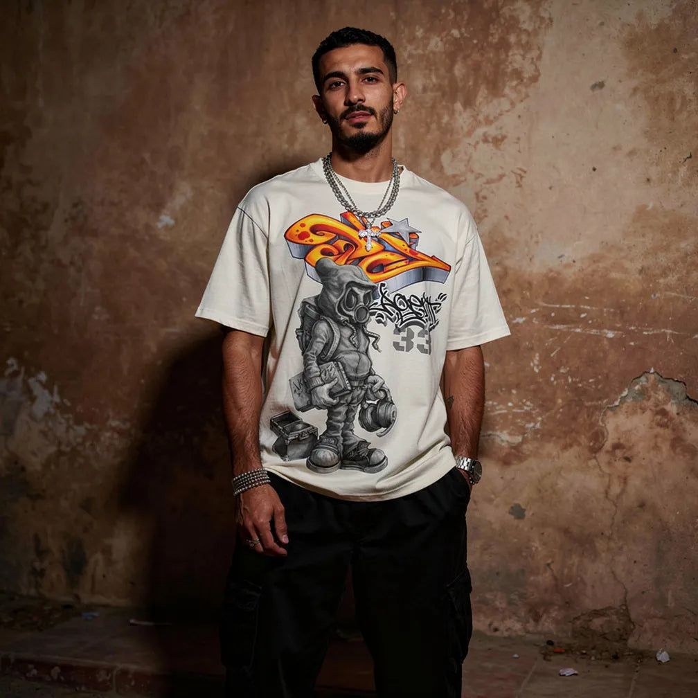 Agent33 Streetwear Tee — Urban Graffiti Gas Mask Character Shirt